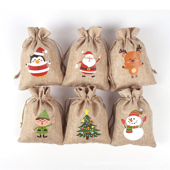 Personalize Natal Hadiah Kecil Burlap Drawstring Kantong Jute Tas 0